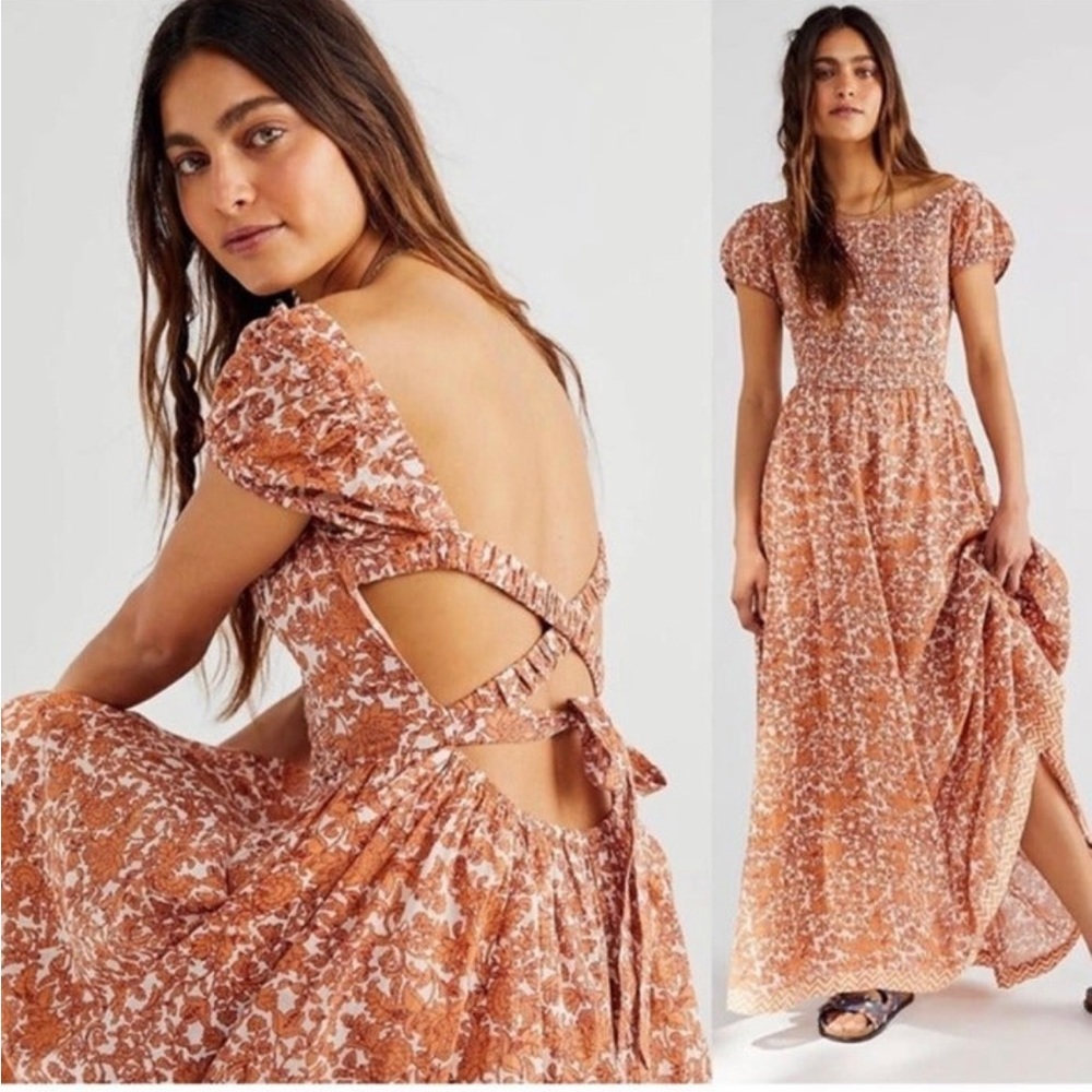 Free People Floral Puff Sleeve Maxi Dress in Brown and White